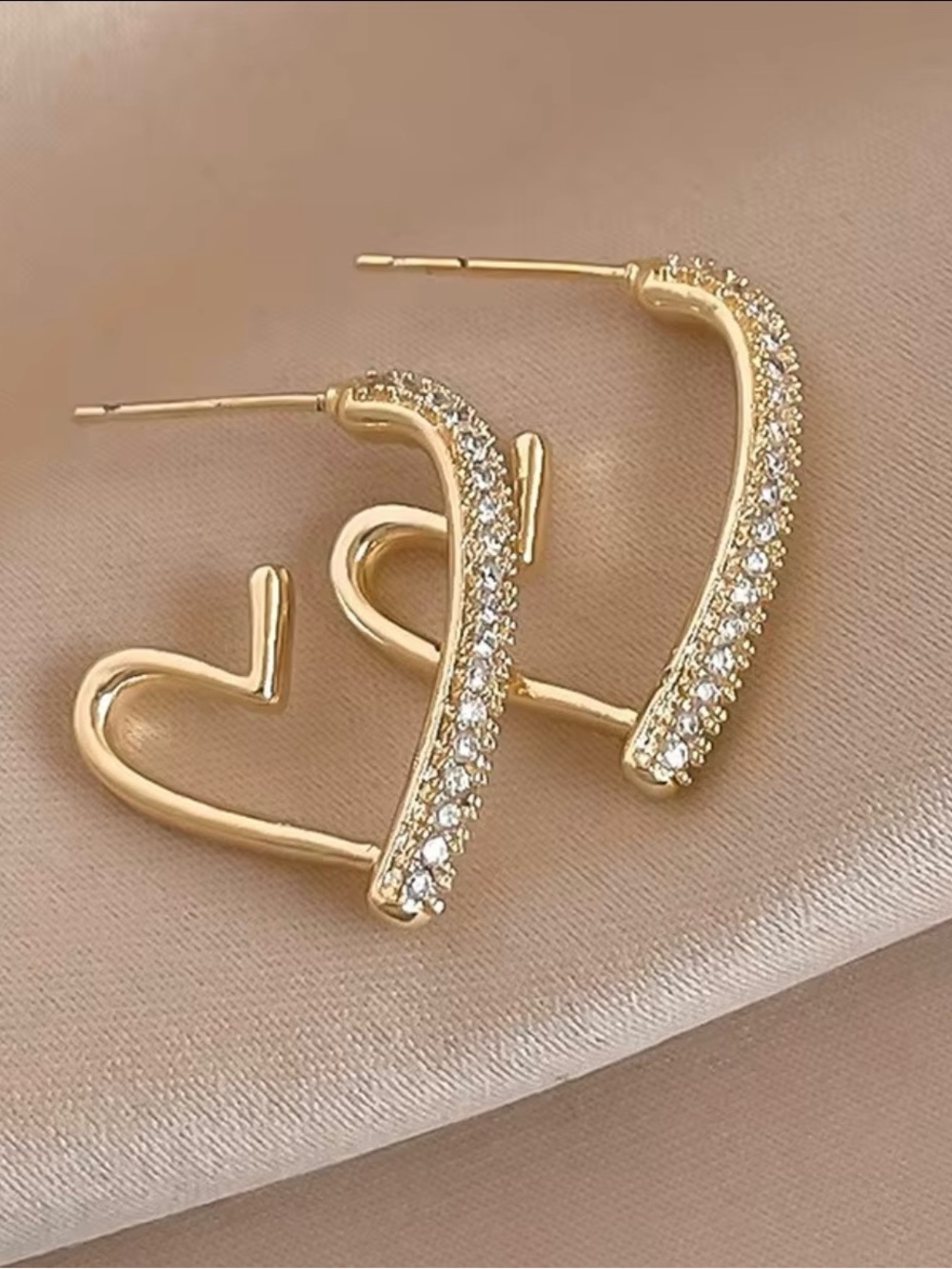 Gold Heart Hoop Earrings with Cubic Zirconia - Elegant Women's Jewelry